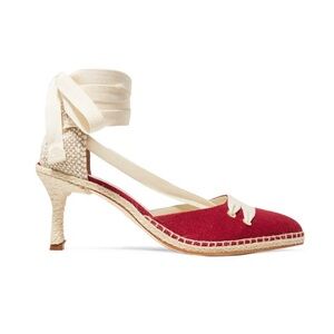 New Kanna Red Linen Canvas & Raffia Espadrille Heels Pumps Size EUR 37, US 6.5-7